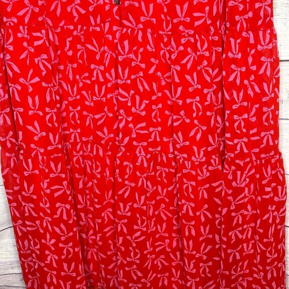 CeCe Red & Pink Coquette Pink Bow Tiered Ruffle Maxi Chiffon Dress Size Medium - Picture 4 of 9